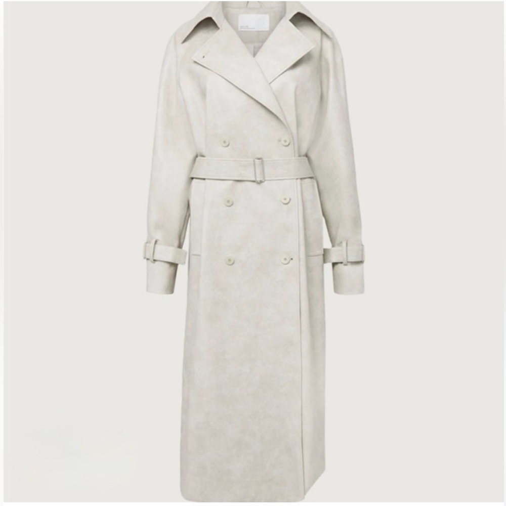 OAK + FORT Cream/Oatmeal Double-Breasted Vegan Leather Oversized Trench worn 1